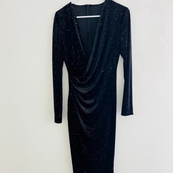 Rouge! Black Velvet Deep V Sparkle Midi Dress Large - Picture 1 of 4